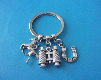 Horse Racing Keyring Show Jumping Equestrian Keychain Gift for Her Gift for Him with Good Luck Horseshoe Binoculars Charm