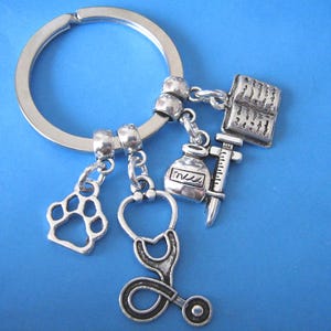 Veterinary Student Gift Keyring: Stethoscope, Paw, Book Charms
