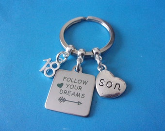 18th Birthday Son Keyring Gift: 'Follow Your Dreams' Stainless Steel Charm