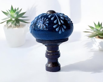 Navy & White Floral Burst Porcelain Lamp Finials Harp Topper - Set of 2