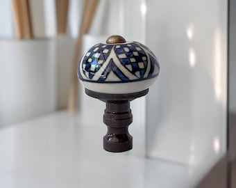 Blue & White Porcelain Lamp Finials, Harp Topper, Set of 2