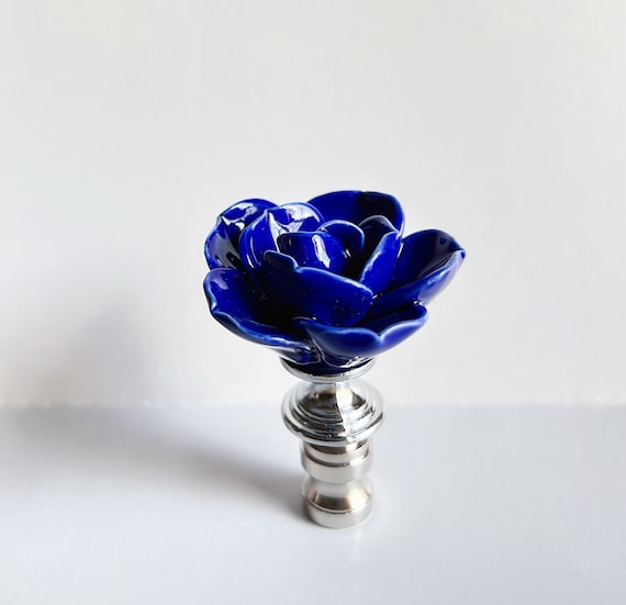 One of Gorgeous Blue Floral Porcelain Lamp Shade Finials, Harp Toppers - 2.5" Tall - Fit Standard Harp Threads