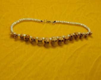One of a Kind Graduated Hand carved Bone Skull and MOP Necklace/Choker