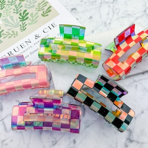 Rain Check Claw Clip || Holographic Checkered Claw Clips Hair Claw Clip Hair Accessories Trendy Hair Claw