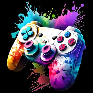 May include: A white video game controller with colorful paint splatter accents. The controller features a directional pad, pink thumbsticks, and action buttons. The design incorporates shades of blue, purple, yellow, and red, creating a vibrant and artistic aesthetic.