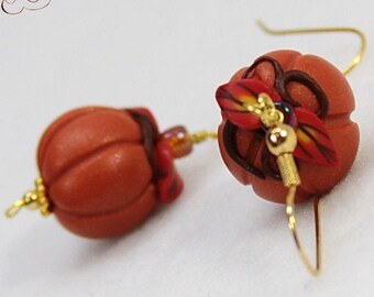 Beautiful Polymer Clay Pumpkin Earrings, Fall Earrings, Autumn Earrings, Dark Orange Earrings