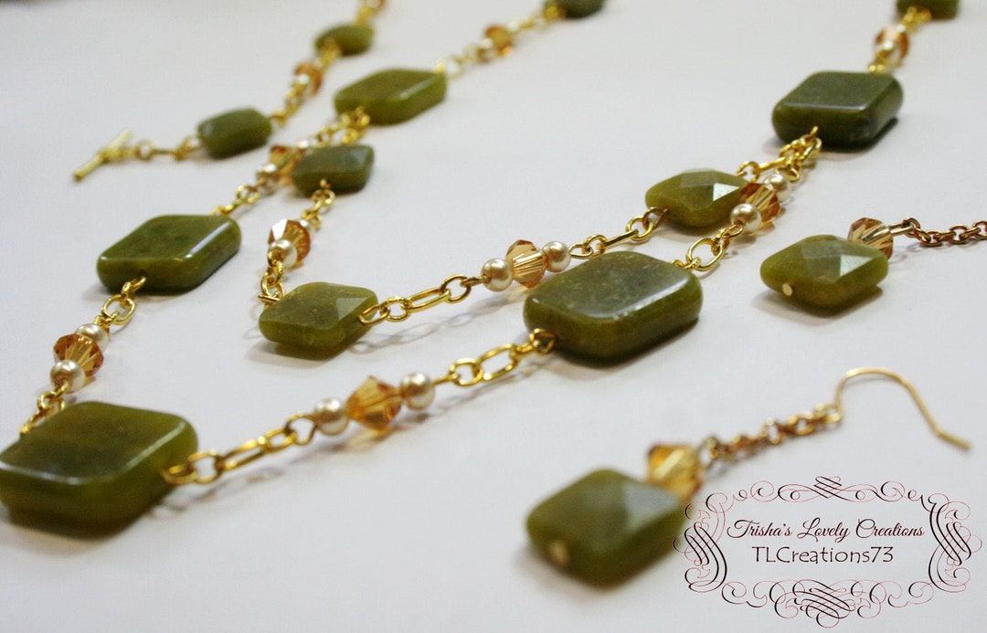 Genuine Serpentine Jewelry Set, Gold and Green Jewelry, Gemstone