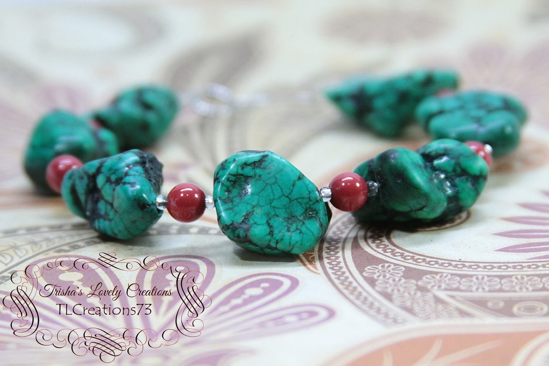 Pearl and Magnesite Bracelet Red and Green Bracelet OOAK Etsy Nederland