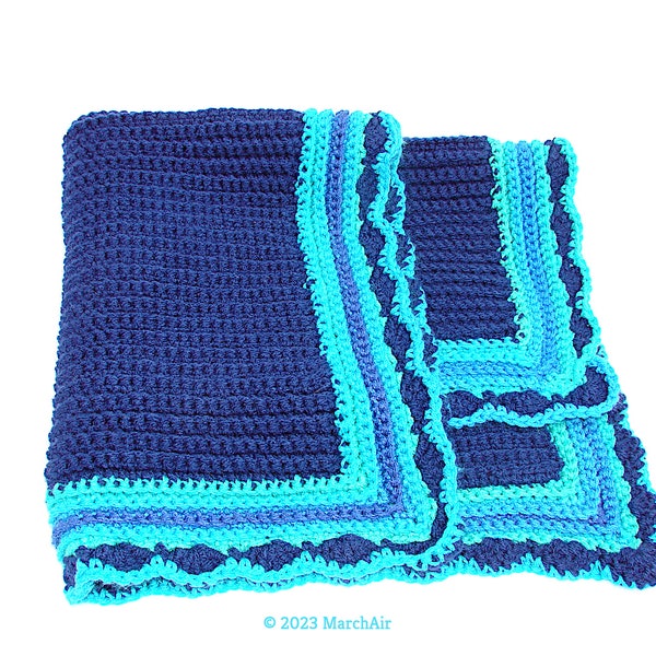 Hand Crocheted Small Baby Blanket or Doll Blanket, Navy Blue With Variegated Aqua & Blue Border 24/25" Square