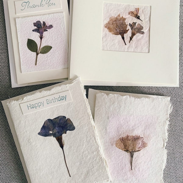 X4 Pressed dried flower eco up-cycled handmade greeting cards Blank, Thank You, Birthday.