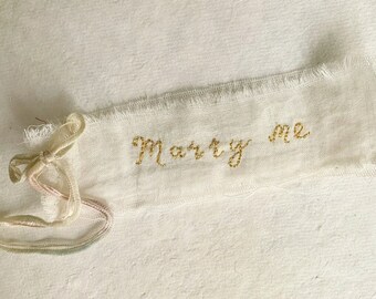 Valentine Marry Me proposal tattered stitched fabric textile engagement gift gold lettering mixed media collage art lovers love secret