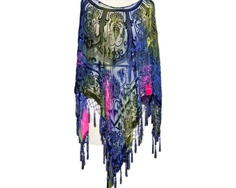 Poncho vintage en velours Art déco : style bohème couleurs paon