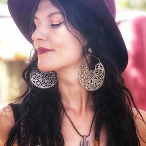 XL Silver FLORAL ATS Tribal BellyDance Unique Hoop Earrings
