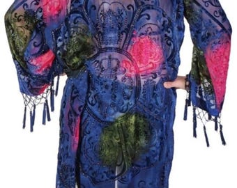Duster Boho DeLuxe bleu multicolore style art déco Mucha en velours de style vintage