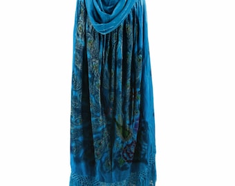 Cape en velours paon peinte à la main : bleu turquoise, style Art nouveau