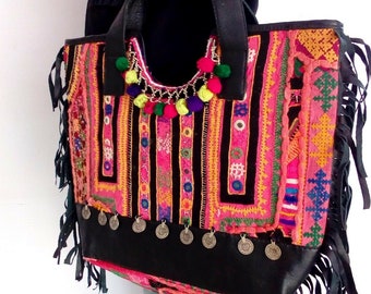 Sac tapisserie bohème bohème bohème coloré à franges OOAK Banjara vintage