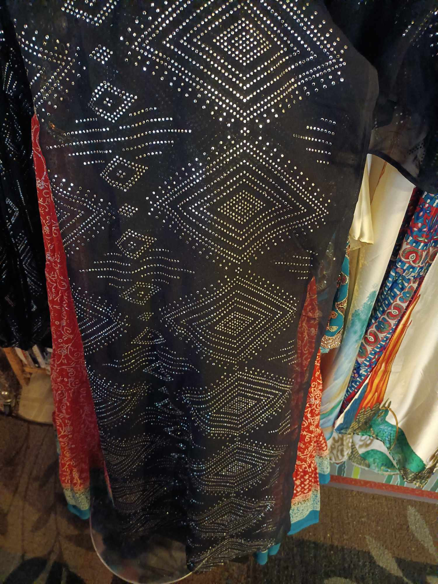 Black and Silver Assuit Print ArtDeco Style Vintage Silk Bohemian DeLuxe Dupatta XL OOAK