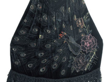 Cape paon en velours noir : plumeau Art déco perlé à la main