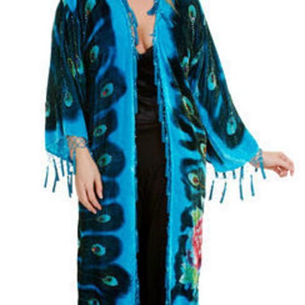 Turquoise Teal Blues Mucha Peacock Vintage Style Velvet ArtDeco Bohemian DeLuxe Duster