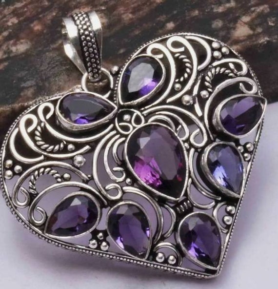 Amethyst ArtDeco Mucha Bohemian Silver Necklace Heart Shaped Pendant