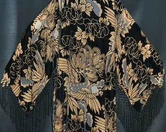 Duster Boho DeLuxe style vintage Art déco en velours noir Grue Mucha