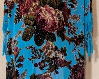 Roses multicolores turquoises Mucha style vintage velours Art déco Boho DeLuxe Duster