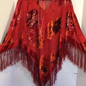Classy RED Vintage Velvet ArtDeco Boho Poncho