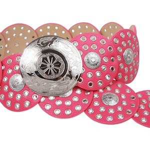 Cintura in pelle tribale boho con disco marocchino rosa fucsia
