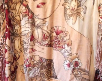 Veste douce Art Déco en velours vintage crème vanille pour femme Alphonse Mucha pour femme