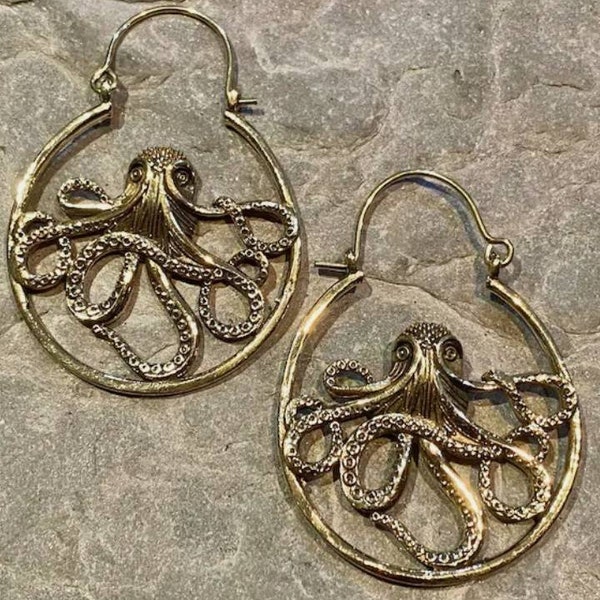 Gold Steampunk Pirate Gypsy OOAK Octopus ATS Tribal BellyDance Unique Hoop Earrings