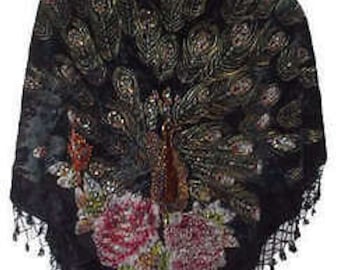 May include: Black velvet shawl with a peacock design embroidered with sequins and beads. The shawl has a fringe border.