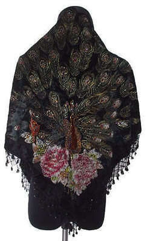 Antique Black Velvet Beaded Peacock Belt 1920s Black Velvet Burnout Peacock Floral Fringe Scarf Coat  main image 4
