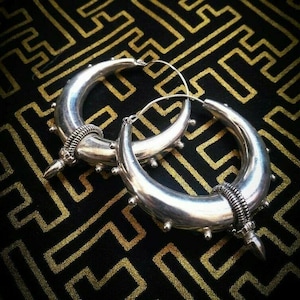 Large Silver ATS Tribal BellyDance Unique Hoop Earrings