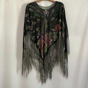 Sage Green Mucha Peacock Multi Color Vintage Style Velvet ArtDeco Bohemian DeLuxe Poncho