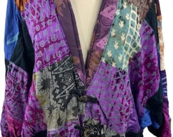 Beautiful Shades of Purples Reversible Multicolor Patchwork Batik OOAK Vintage Handwoven Jacket Coat