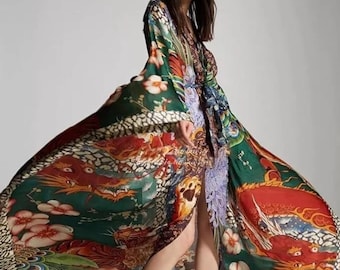 Mucha Peacock Floral Silk Kimono Art Deco Bohemian Duster