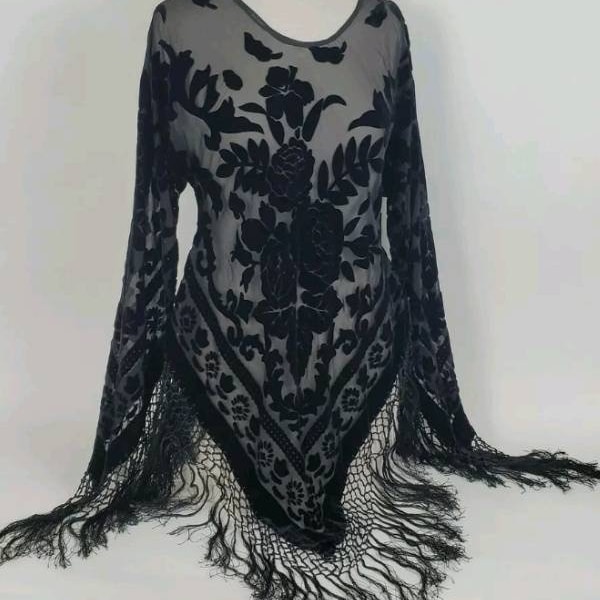 Classic Black Vintage Velvet ArtDeco Beaded Bohemian DeLuxe Blouse