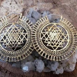Sacred Geometry Sri Yantra Silver or Gold ATS Tribal BellyDance Silver XL Hoop Earrings