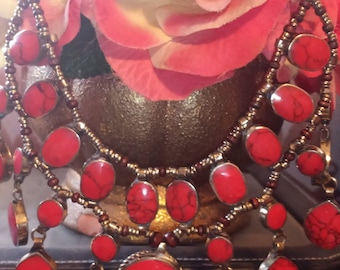 Collier de danse orientale tribal corail Kuchi en argent