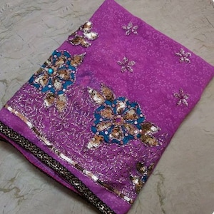 Grande vívido roxo oblongo Dupatta sereia com contas Boho cachecol xale embelezado com brilho
