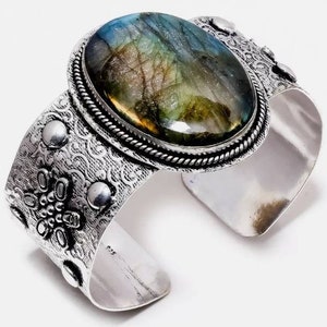 Labradorite ArtDeco Mucha Bohemian Tribal BellyDance Silver Cuff