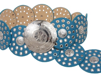 Ceinture en cuir tribal marocain bleu turquoise Boho Disc