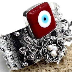 Evil Eye Red Agate ArtDeco Mucha Bohemian Tribal BellyDance Silver Cuff