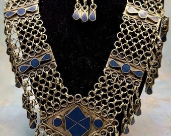 vintage collier tribal Kuchi de danse orientale en lapis et en argent