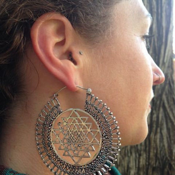 XL Large Silver ATS Tribal BellyDance Unique Hoop SACRED Geometry Sri Yantra DeLuxe  Earrings