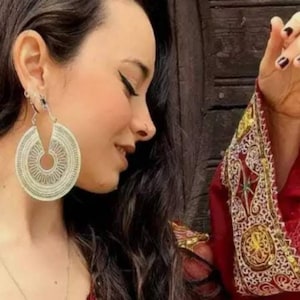 XL Large Silver ATS Tribal BellyDance Unique Hoop Earrings