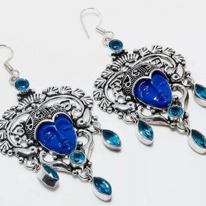 Lapis ArtDeco Face Mucha Beautiful Bohemian Silver Earrings