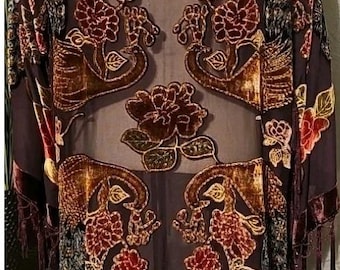 Very Rare PLUM Velvet Peacock Duster: Art Deco Bohemian Silk Robe