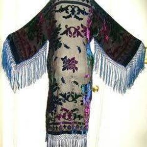 Blå violer och smaragdgrön Mucha vintage-stil sammet ArtDeco Lady Boho DeLuxe Duster