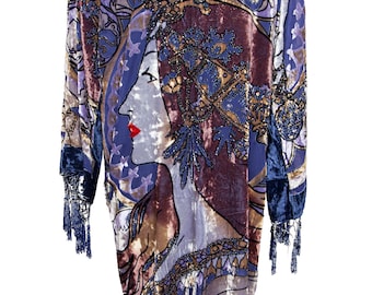 Plumeau art déco en velours bleu : peignoir bohème astrologue Mucha (convient à 6-14 ans)